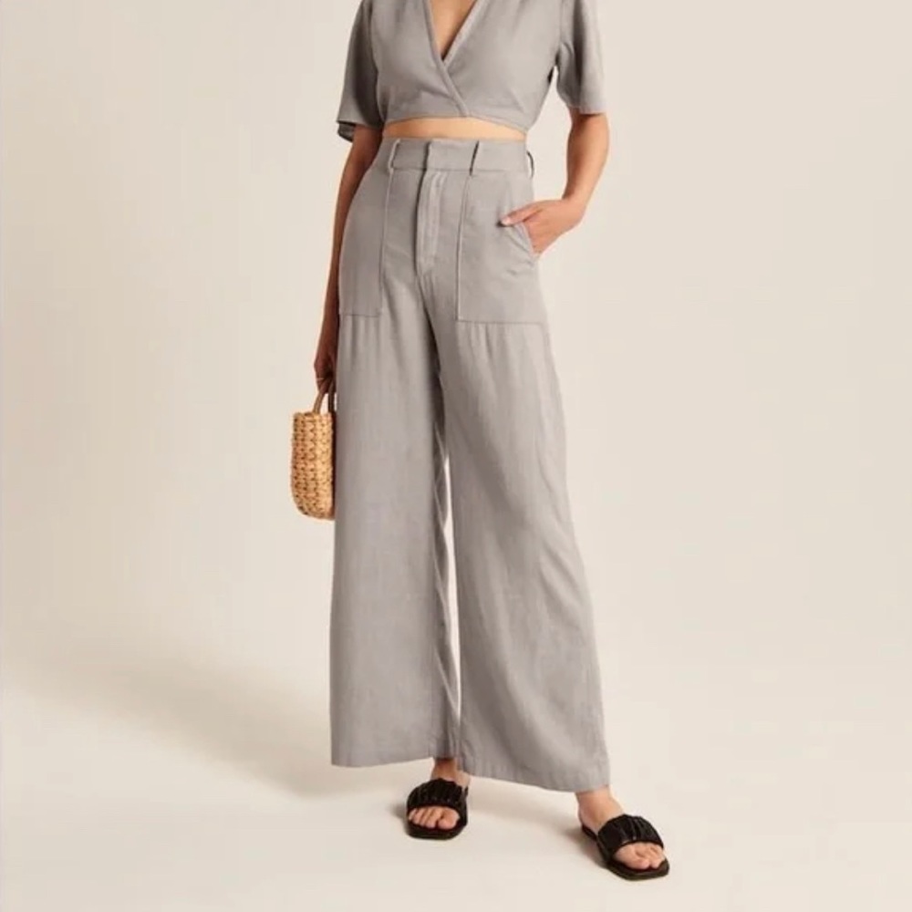 Abercrombie High Waisted Tailored Linen Trousers Grey Size Small